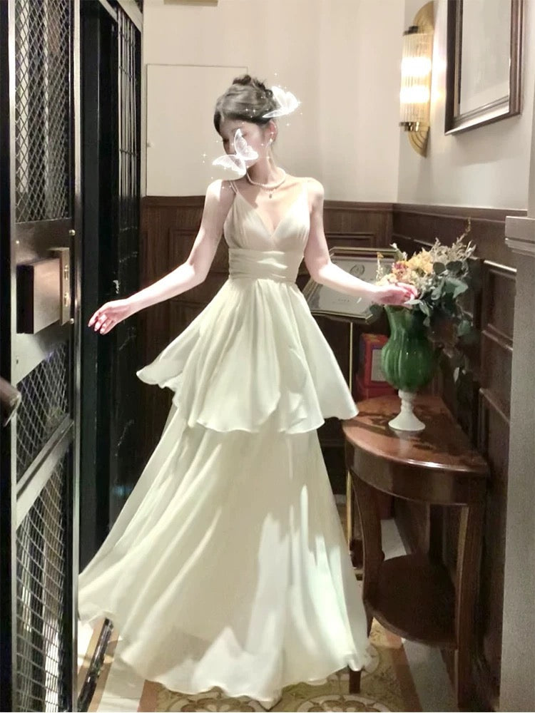Classy A Line Spaghetti Straps Ivory Long Prom Dresses Evening Dress With Layers