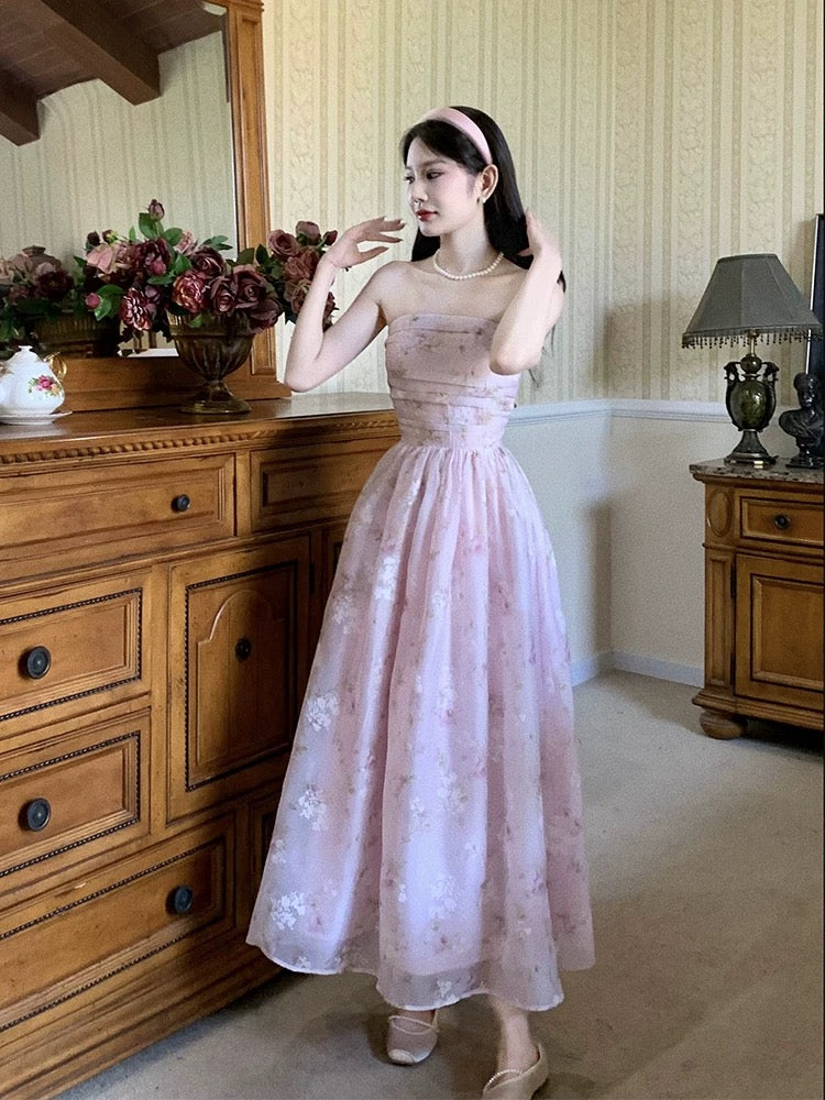 Classy A Line Strapless Pink Floral Knee Length Prom Dresses Evening Dress