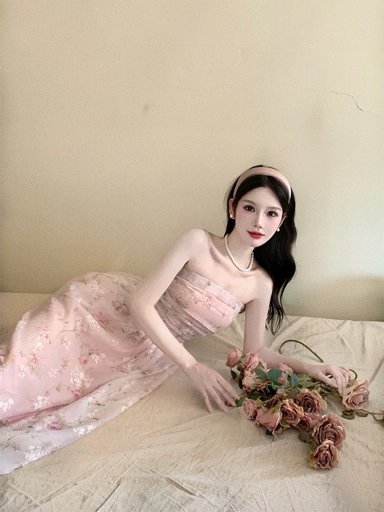 Classy A Line Strapless Pink Floral Knee Length Prom Dresses Evening Dress