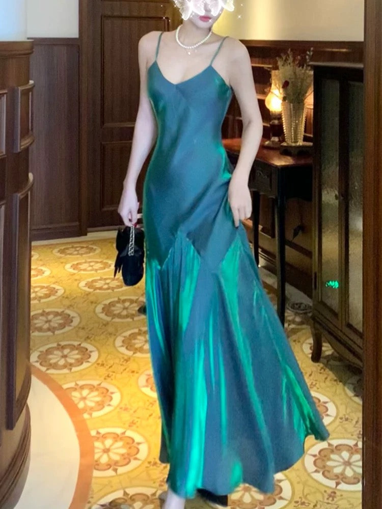 Vintage Sheath Spaghetti Straps Sleeveless Green Long Prom Dresses Evening Dress