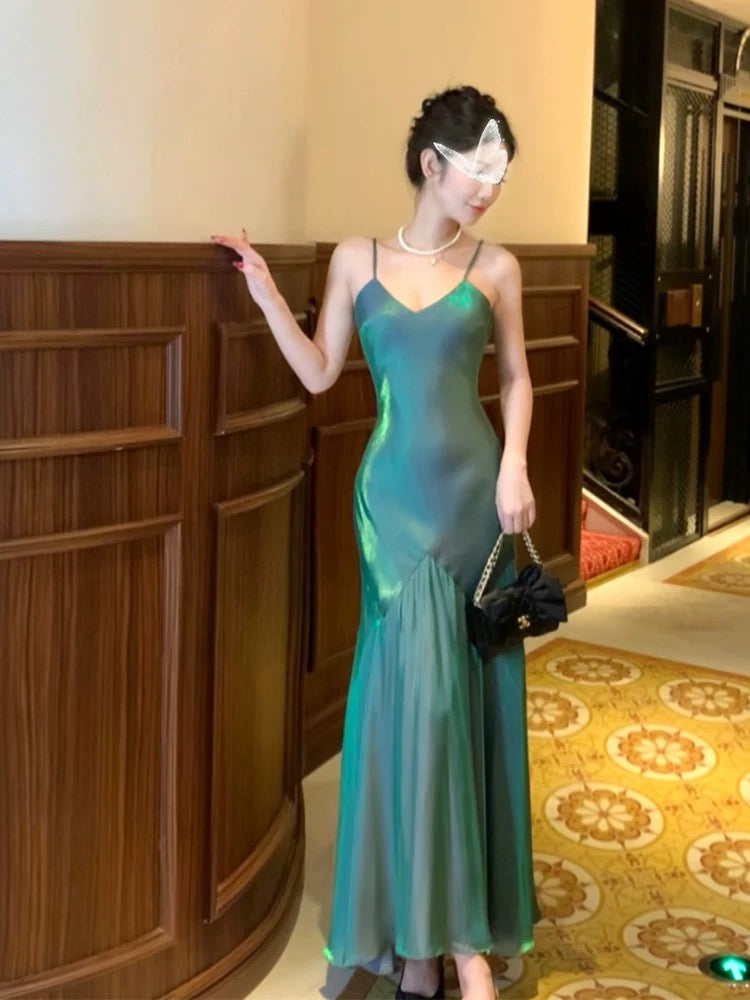 Vintage Sheath Spaghetti Straps Sleeveless Green Long Prom Dresses Evening Dress