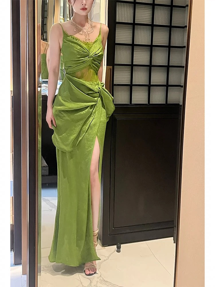Vintage Sheath Spaghetti Straps Sleeveless Green Slit Prom Dresses Evening Dress