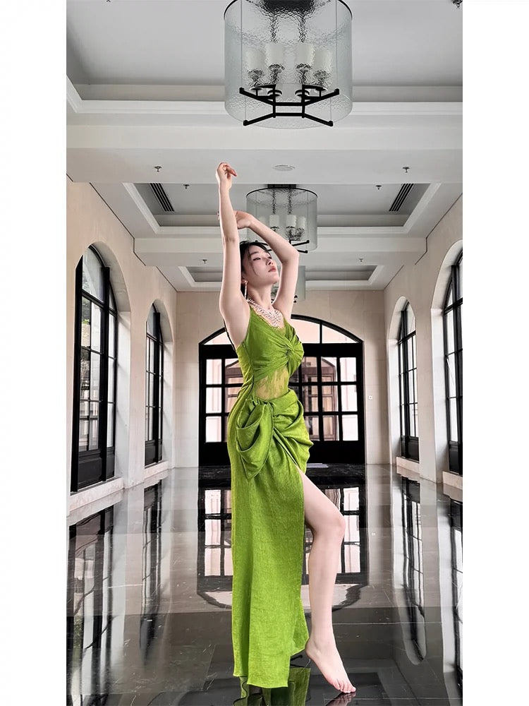 Vintage Sheath Spaghetti Straps Sleeveless Green Slit Prom Dresses Evening Dress