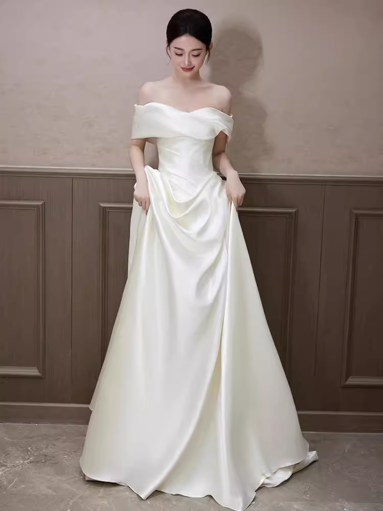 Elegant A line Off The Shoulder Satin Ruffles Long White Wedding Dresses
