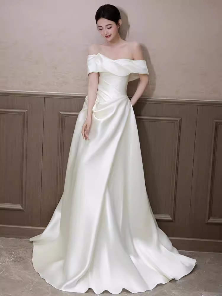 Elegant A line Off The Shoulder Satin Ruffles Long White Wedding Dresses