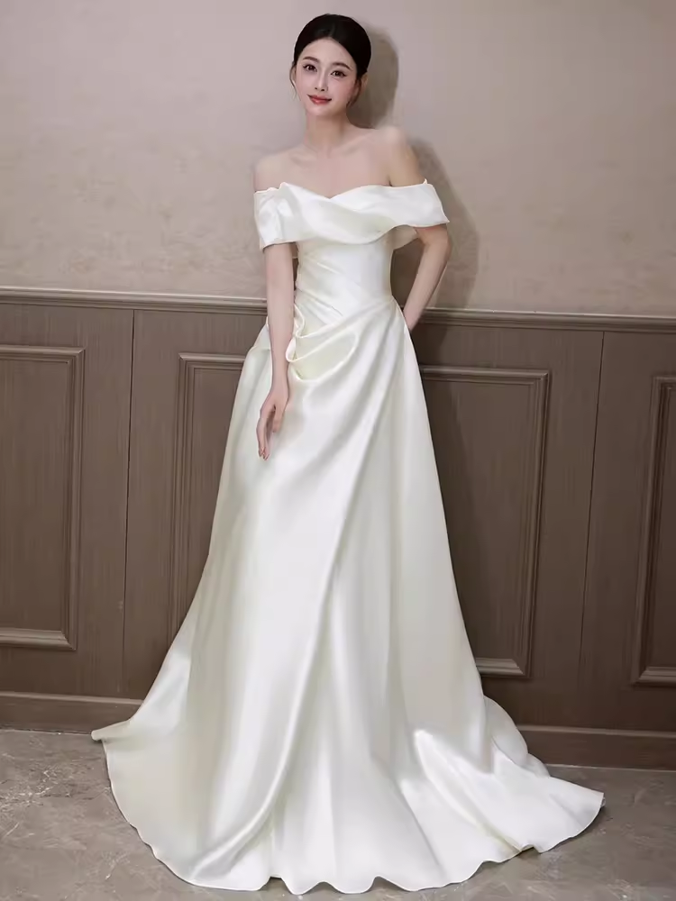Elegant A line Off The Shoulder Satin Ruffles Long White Wedding Dresses