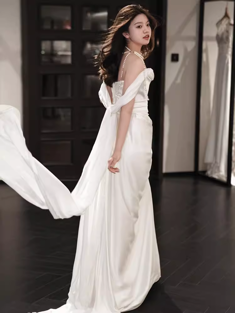 Simple A line Off The Shoulder Satin Ruffles Long White Wedding Dresses
