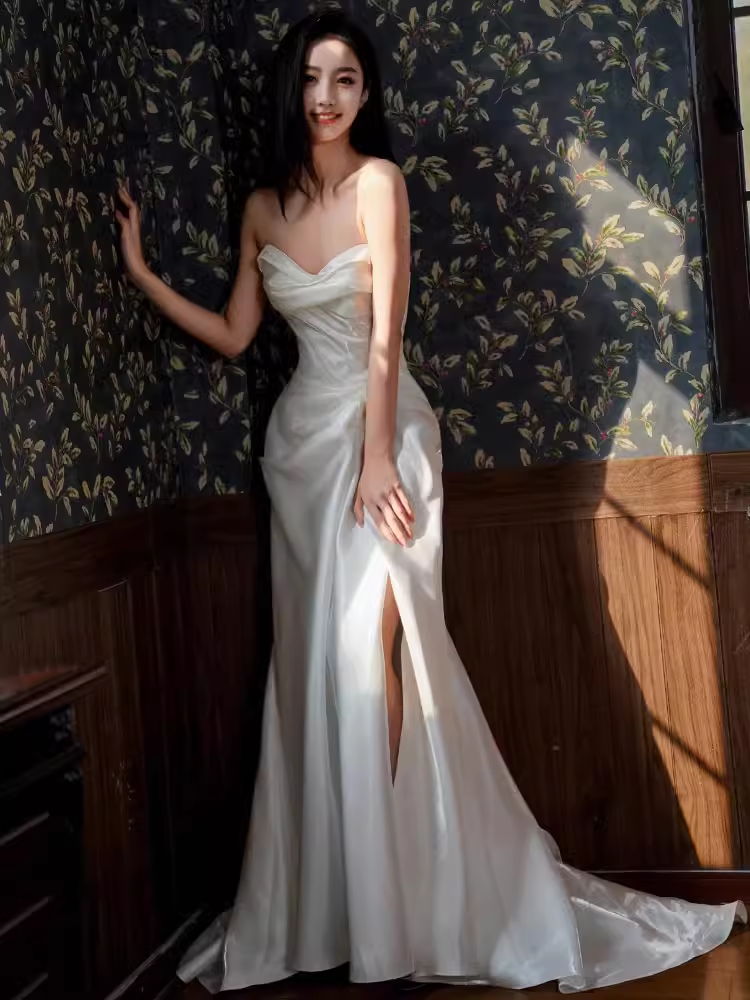 Simple Mermaid Sweetheart Satin Ruffles Long White Slit Wedding Dresses