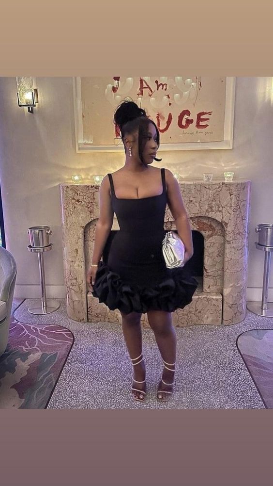 Black Women Homecoming Dress Sheath Spaghetti Straps Satin with Ruffles