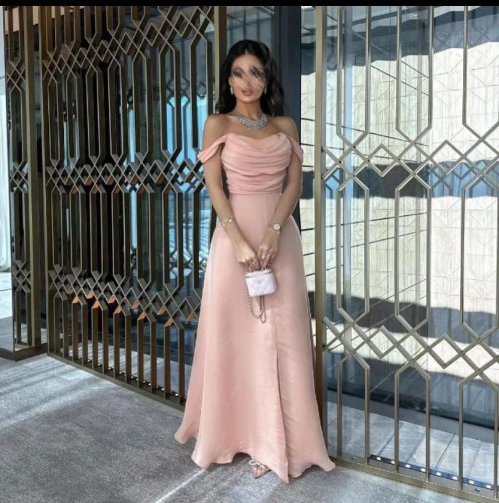 Sexy A Line Off The Shoulder Strapless Pink Long Prom Dresses Evening Dress With Ruffles