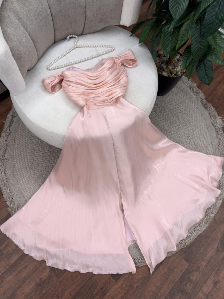 Sexy A Line Off The Shoulder Strapless Pink Long Prom Dresses Evening Dress With Ruffles