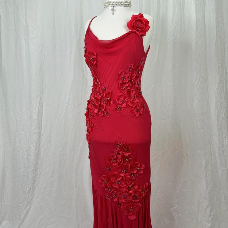 Sexy Sheath Spaghetti Straps Sleeveless Red Chiffon Prom Dresses Evening Gowns