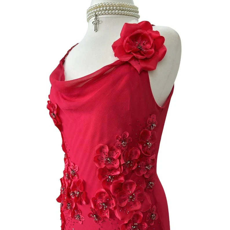Sexy Sheath Spaghetti Straps Sleeveless Red Chiffon Prom Dresses Evening Gowns