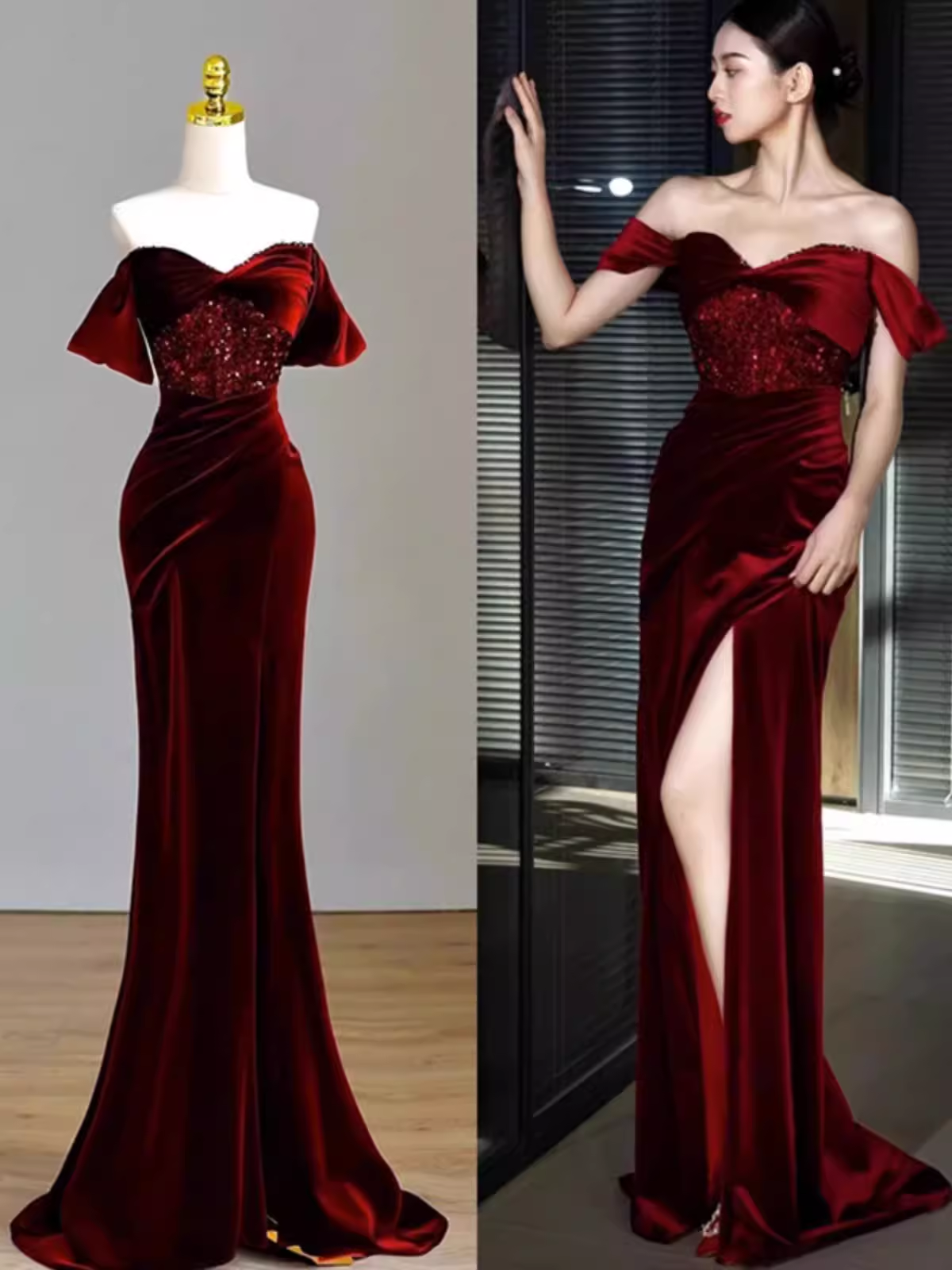 Sexy Mermaid Burgundy Off The Shoulder Long Prom Dresses Satin Birthday Outfits