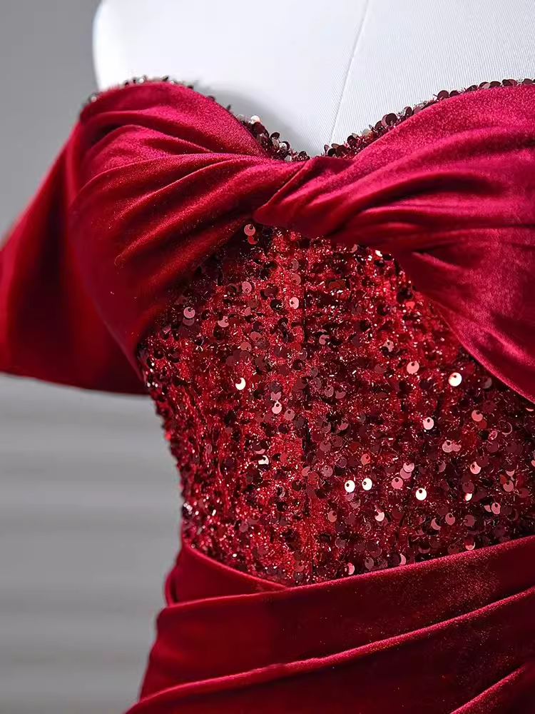 Sexy Mermaid Burgundy Off The Shoulder Long Prom Dresses Velvet Birthday Outfits
