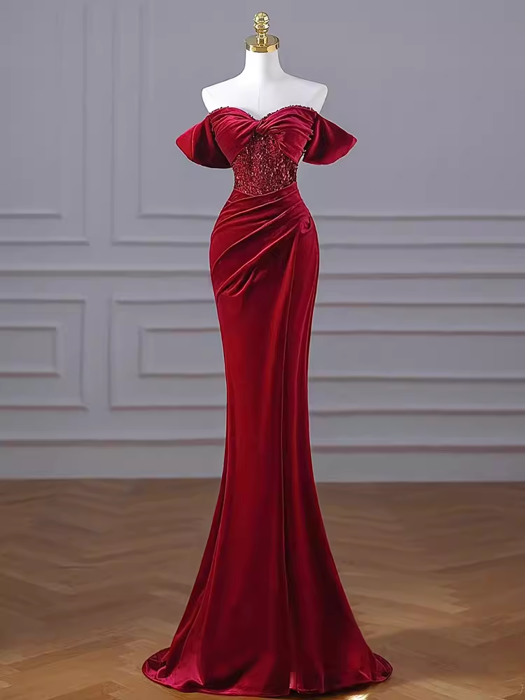 Sexy Mermaid Burgundy Off The Shoulder Long Prom Dresses Velvet Birthday Outfits