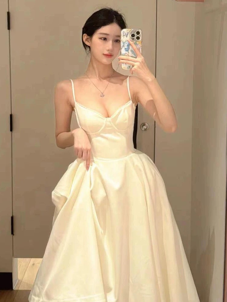 Sexy Ball Gown Spaghetti Straps White Satin Ankle Length Prom Dresses Evening Gowns