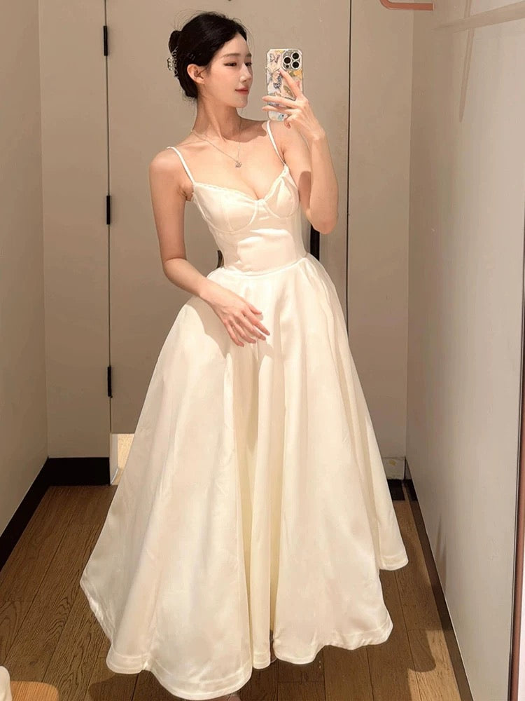 Sexy Ball Gown Spaghetti Straps White Satin Ankle Length Prom Dresses Evening Gowns
