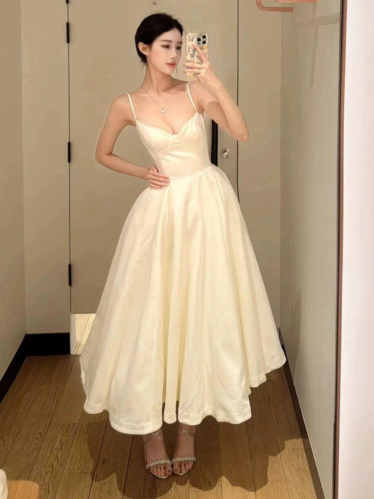 Sexy Ball Gown Spaghetti Straps White Satin Ankle Length Prom Dresses Evening Gowns