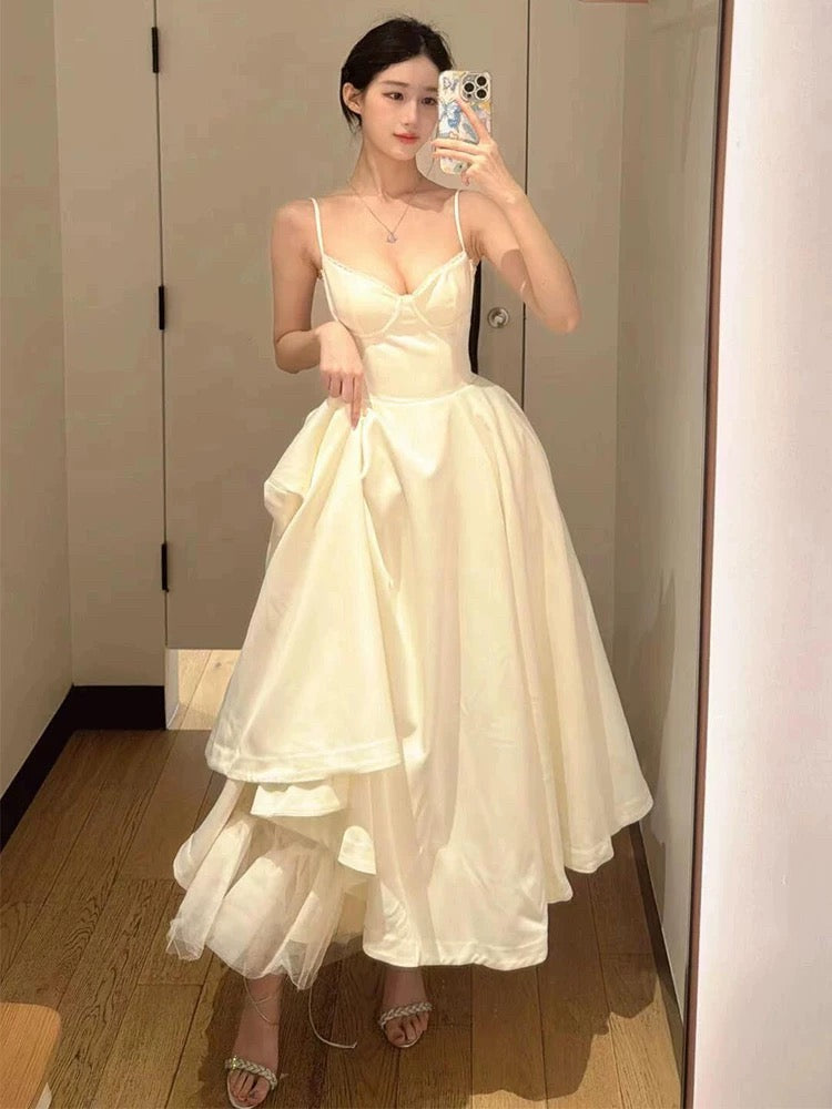 Sexy Ball Gown Spaghetti Straps White Satin Ankle Length Prom Dresses Evening Gowns
