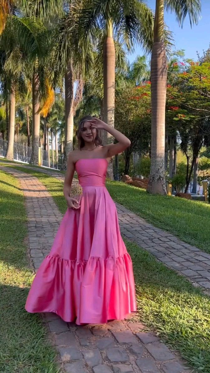 Classy Ball Gown Strapless Pink Floor Length Satin Slit Prom Dresses Evening Gowns