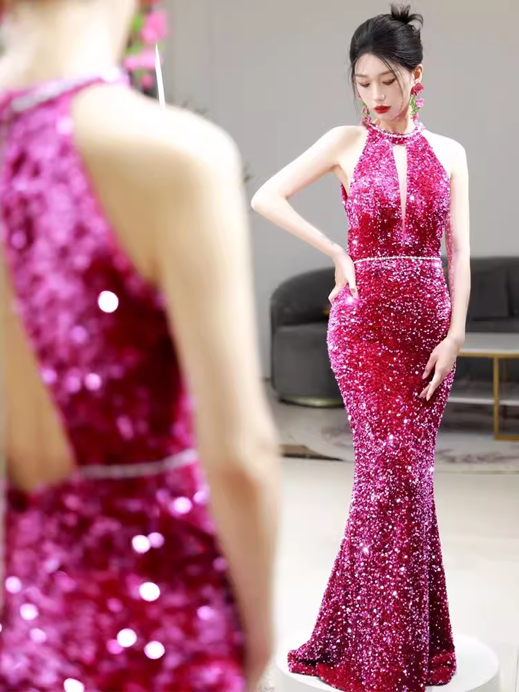 Sexy Mermaid Scoop Neckline Sequin Prom Dresses Long Birthday Outfits