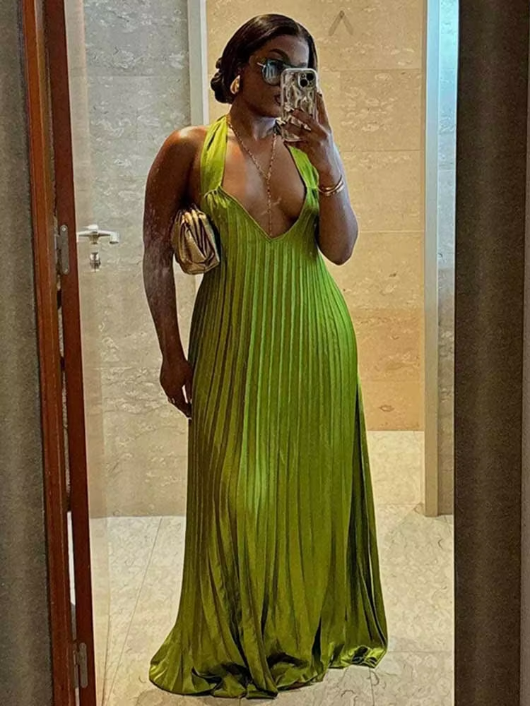 Classy A line Halter Ruffles Floor Length Green Prom Dresses Black Girl Prom Gowns
