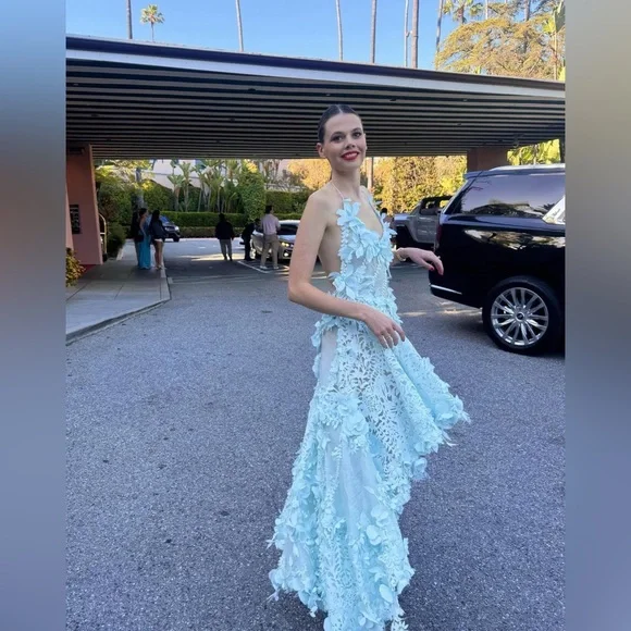Classy High Low Halter Light Sky Blue Satin Prom Dresses With Flowers Backless Prom Gowns