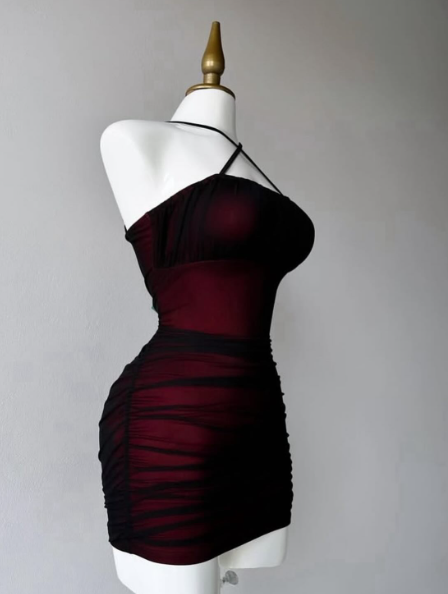 Simple Sheath Halter Black Burgundy Homecoming Dresses Short Cocktail Dress With Ruffles