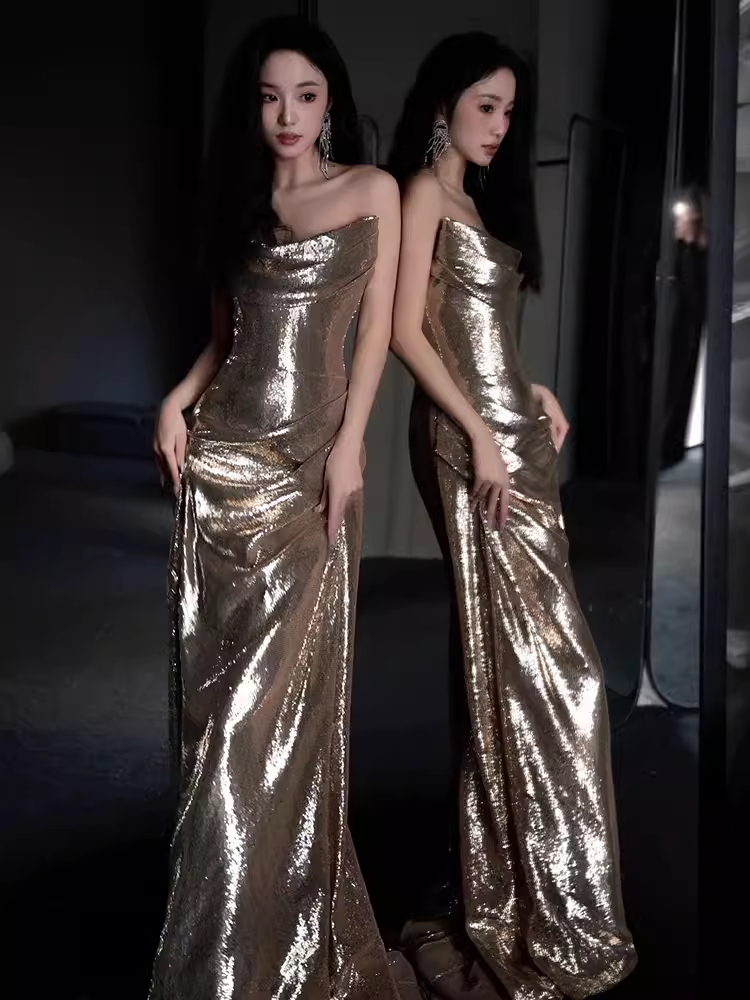 Sexy Mermaid Strapless Neckline Sequin Prom Dresses Long Birthday Outfits