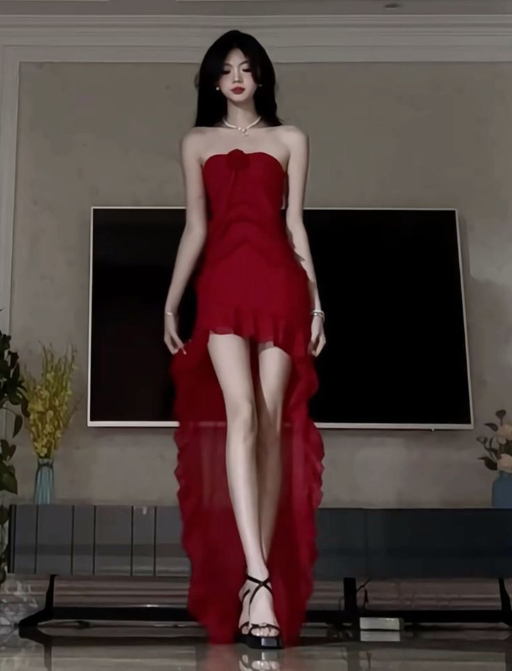 Pretty High Low Strapless Chiffon Long Prom Dresses Burgundy Evening Dress