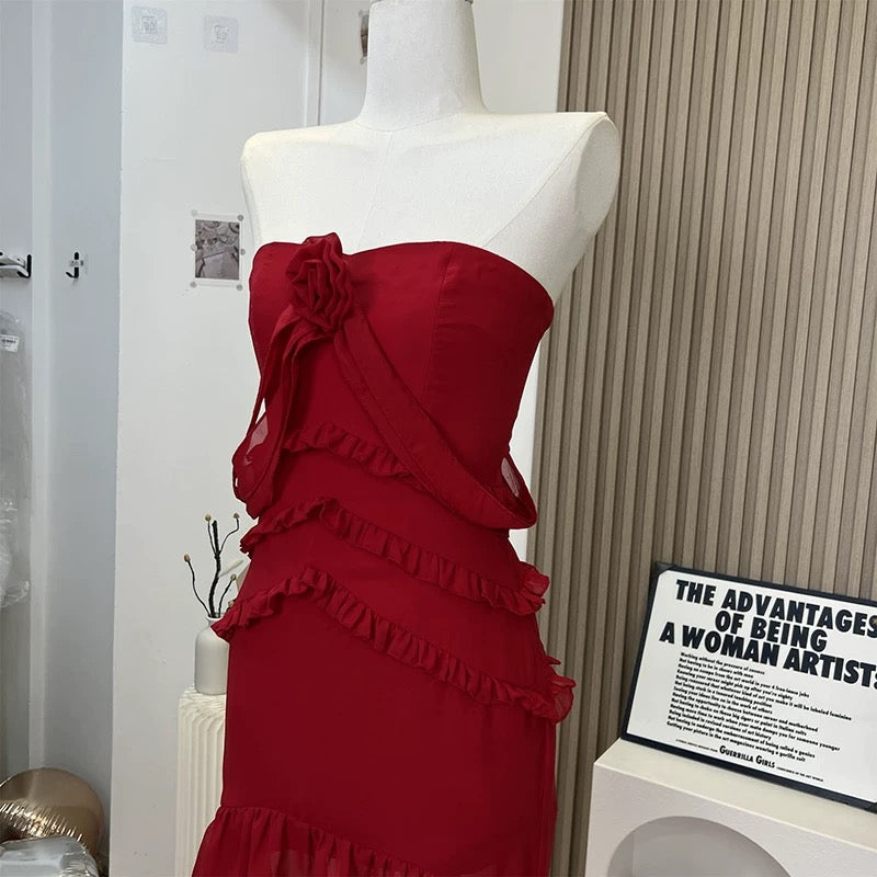 Pretty High Low Strapless Chiffon Long Prom Dresses Burgundy Evening Dress