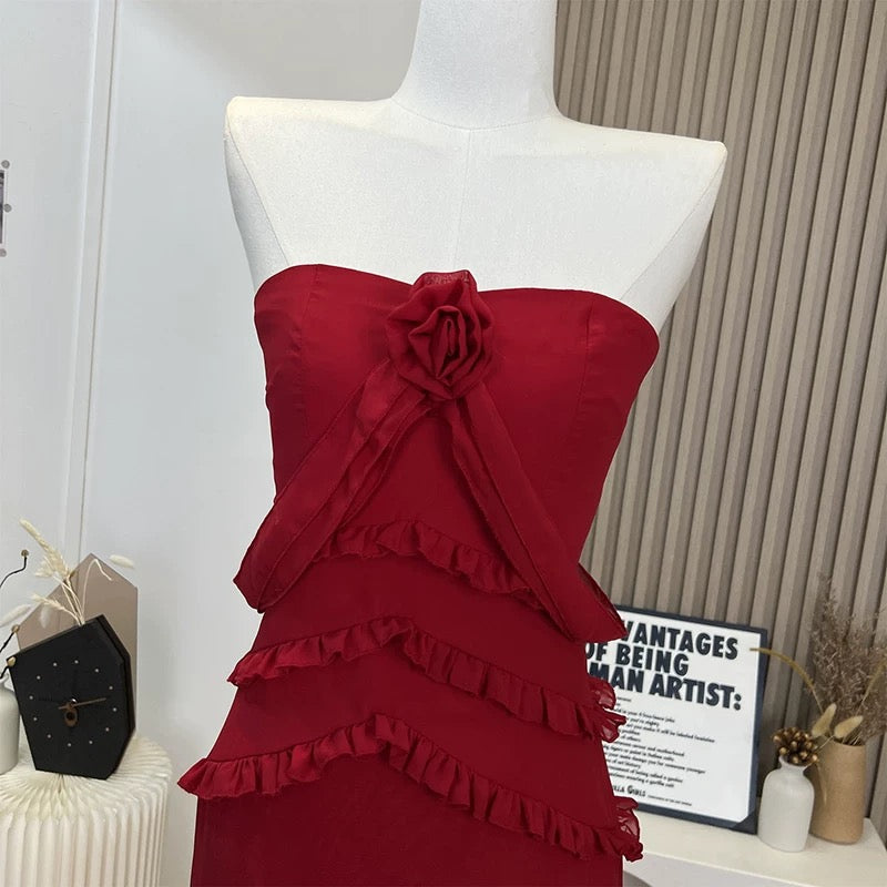Pretty High Low Strapless Chiffon Long Prom Dresses Burgundy Evening Dress