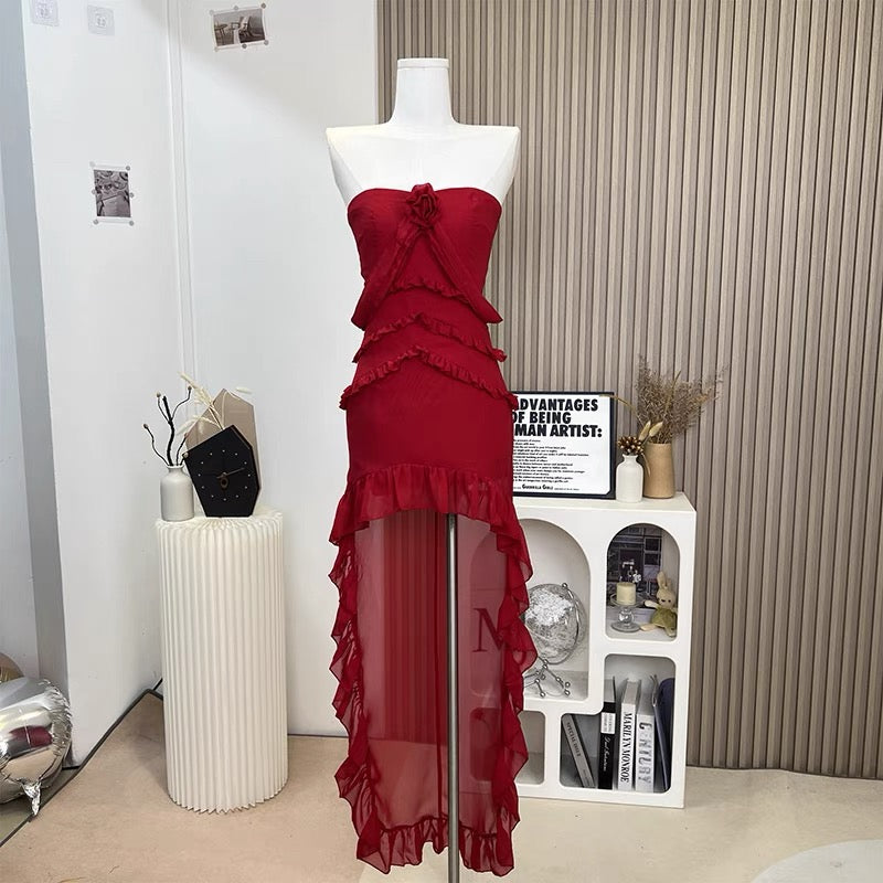 Pretty High Low Strapless Chiffon Long Prom Dresses Burgundy Evening Dress