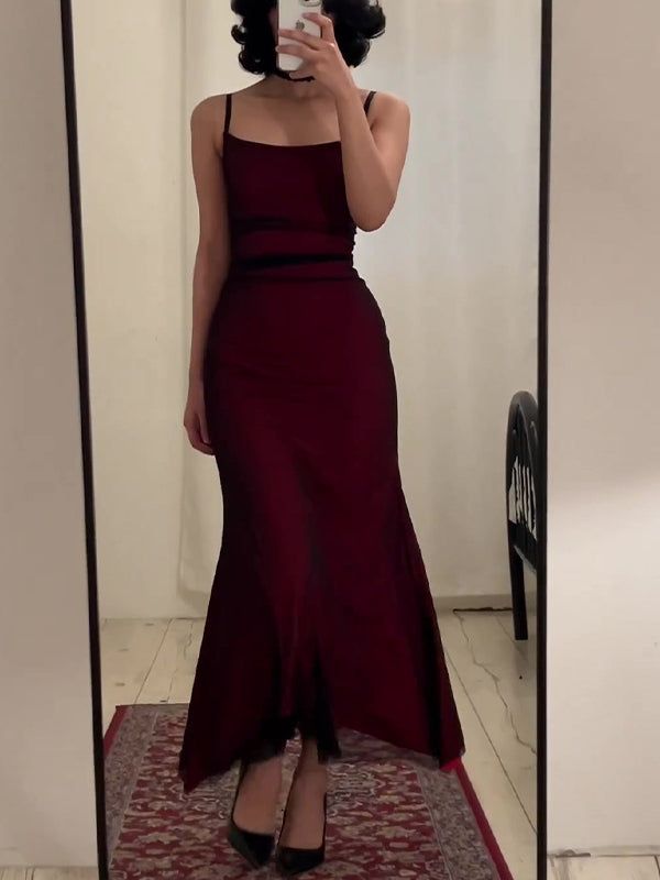 Fancy Sheath Straps Burgundy Black Long Prom Dresses