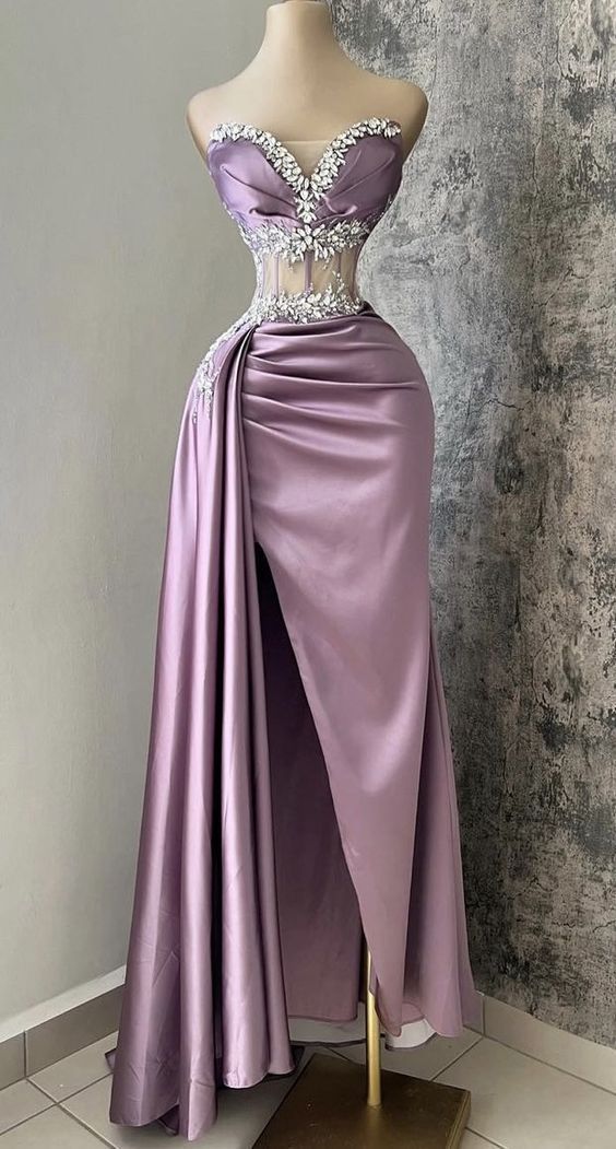 Sexy Sheath Strapless Lilac Satin Slit Floor Length Prom Dresses Evening Dress