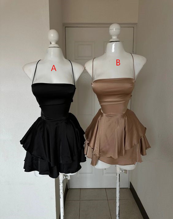 Sexy A line Spaghetti Straps Silk Satin Short Birthday Outfits Homecoming Dresses