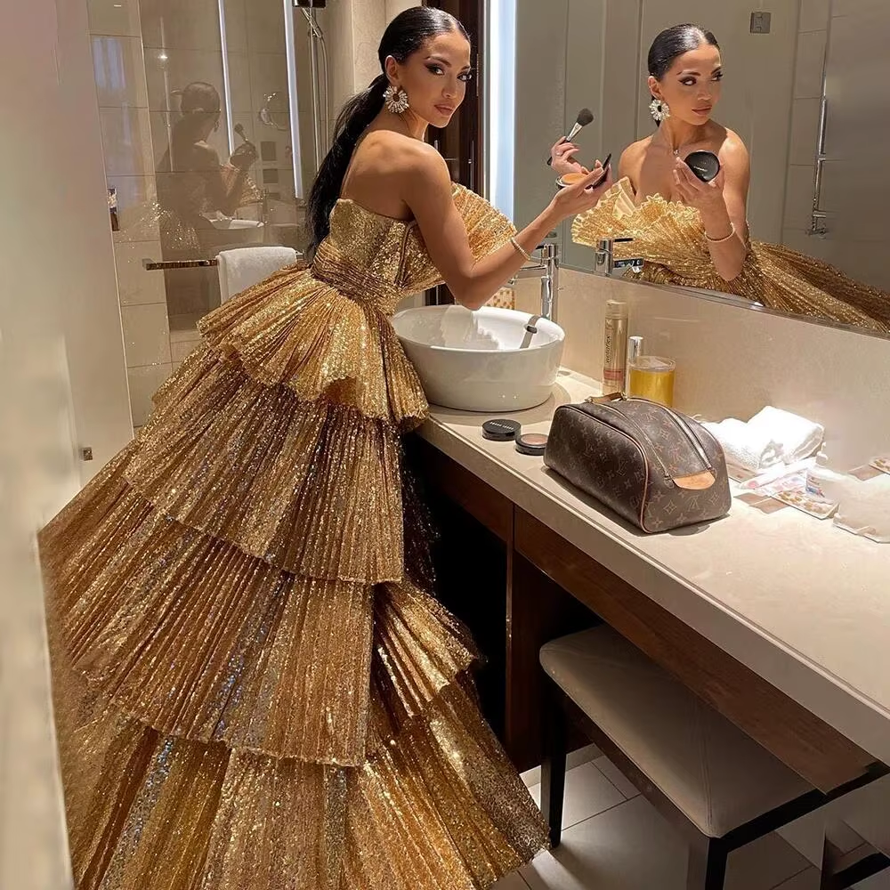 Fancy Ball Gown Strapless Gold Sequin Long Prom Dresses Evening Dress