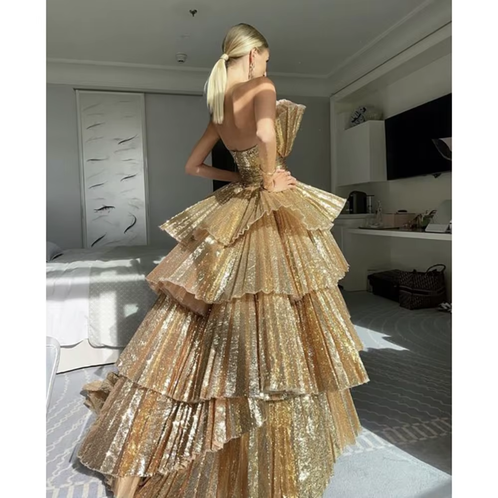 Fancy Ball Gown Strapless Gold Sequin Long Prom Dresses Evening Dress