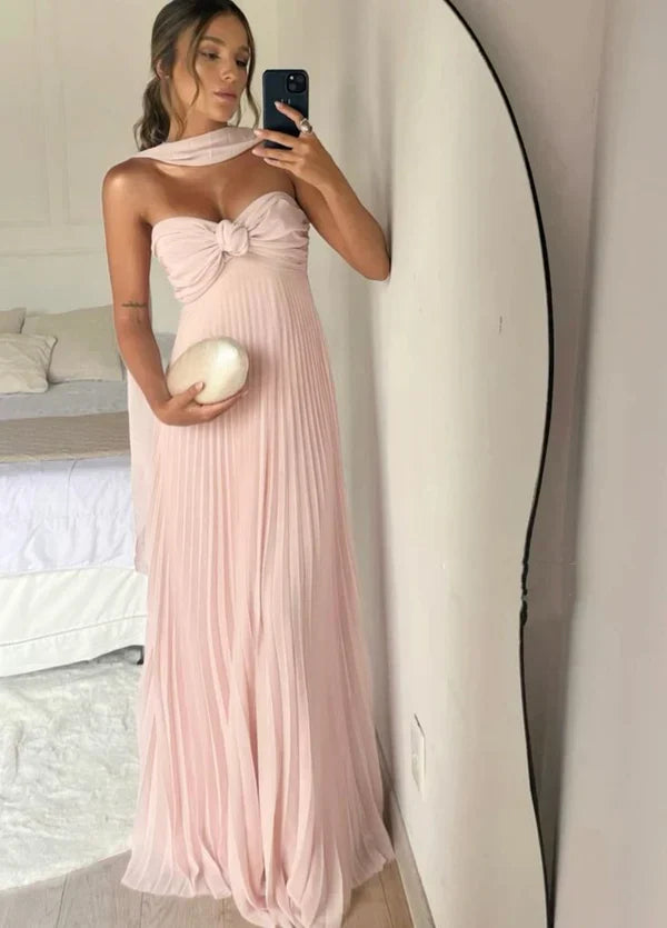 Classy A Line Strapless Light Pink Chiffon Long Prom Dresses Evening Dress With Ruffles