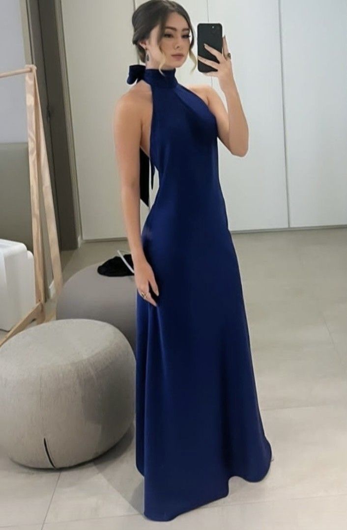 Classy A line High Neckline Streachable Satin Navy Blue Long Prom Dresses Evening Dress