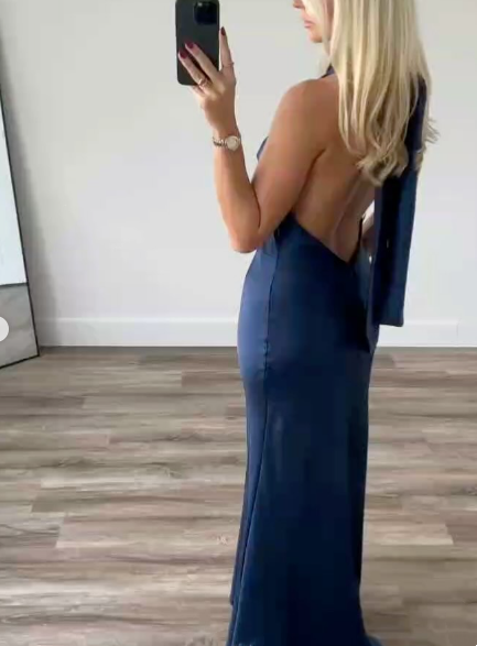 Classy A line High Neckline Streachable Satin Navy Blue Long Prom Dresses Evening Dress
