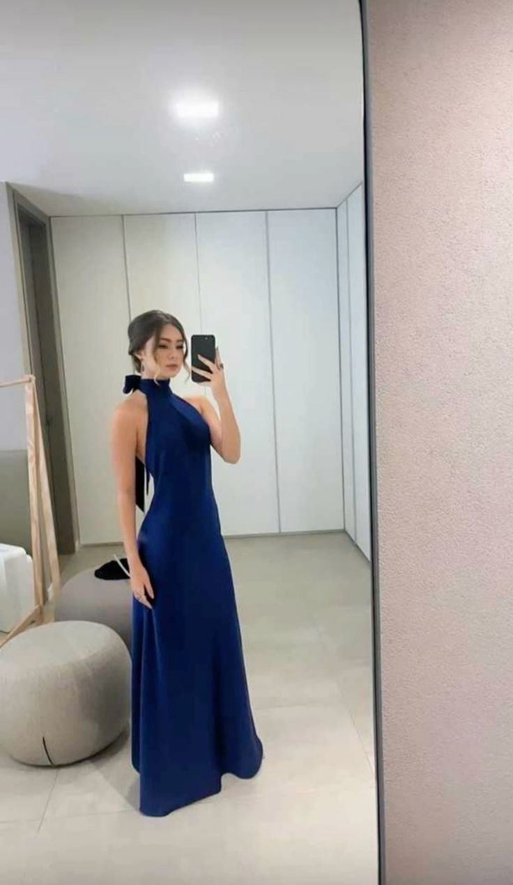 Classy A line High Neckline Streachable Satin Navy Blue Long Prom Dresses Evening Dress