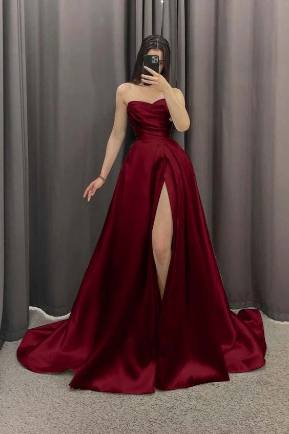 Pretty A Line Strapless Burgundy Satin Long Prom Dress With Slit