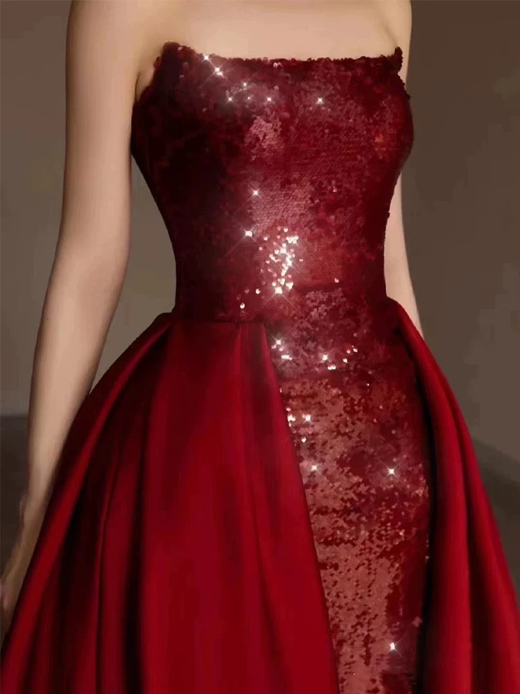 Classy Sheath Strapless Burgundy Sleeveless Long Party Dress Sequin Prom Dresses