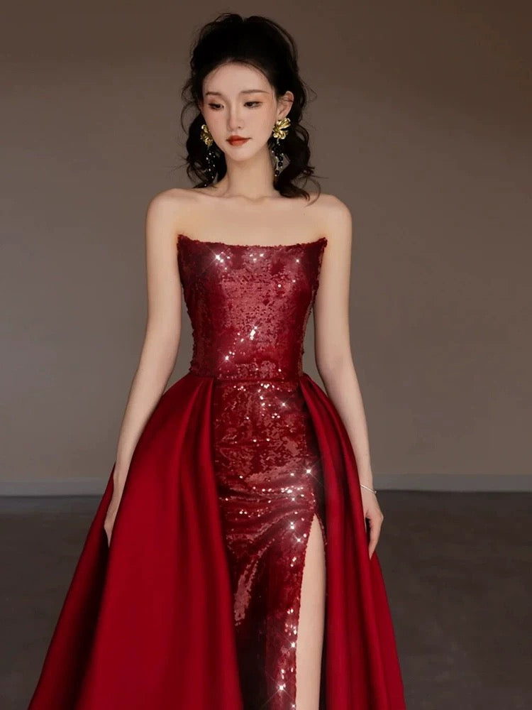 Pretty Strapless Red A Line Long Prom Dresses With Slit