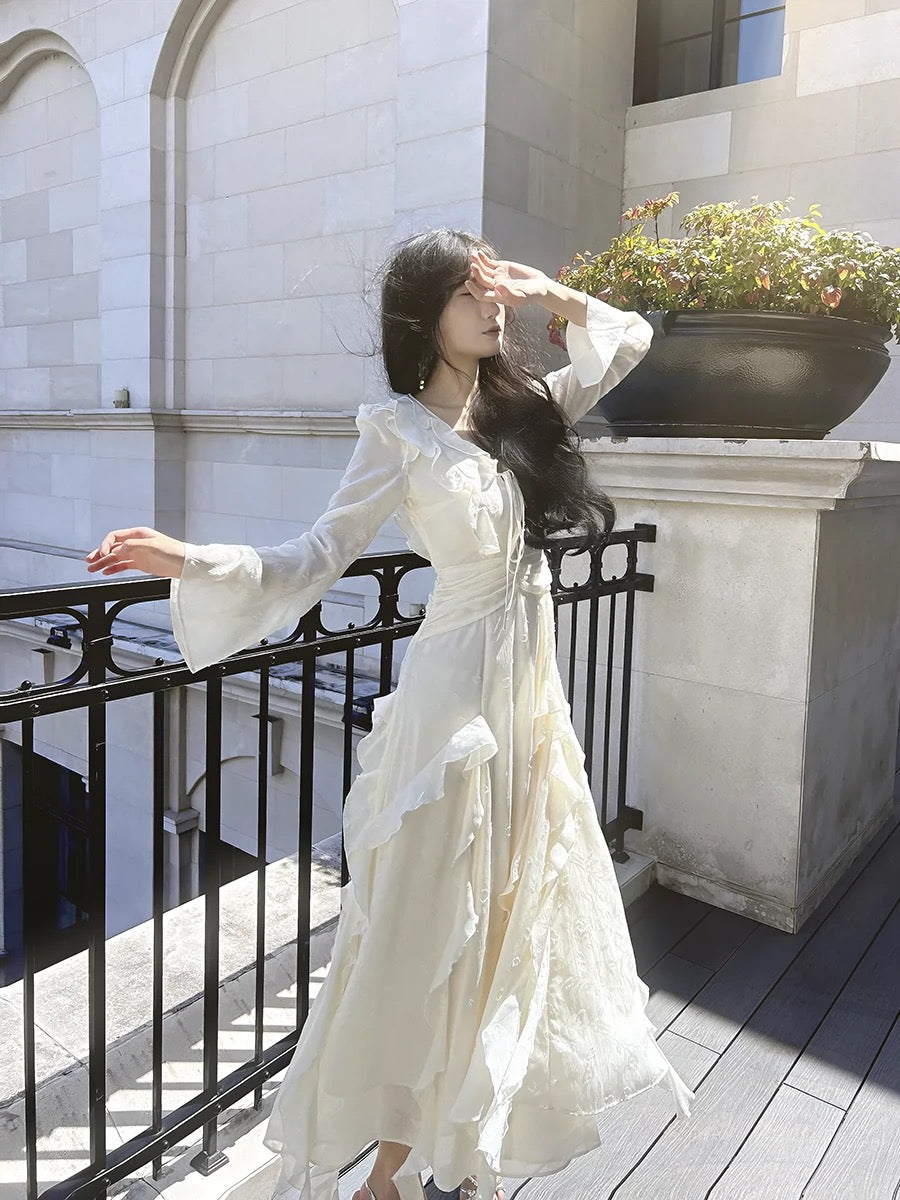 Gorgeous A line Chiffon Long Sleeves White Prom Dress With Layers
