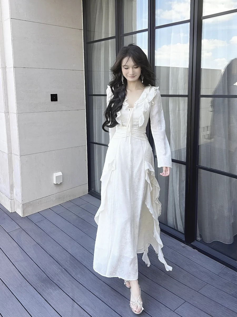 Gorgeous A line Chiffon Long Sleeves White Prom Dress With Layers