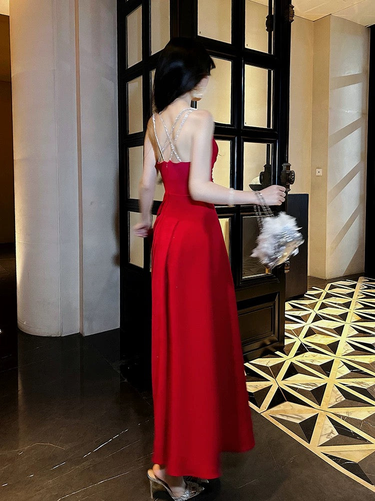 Pretty A line Straps Red Long Satin Prom Dresses Formal Evening Dress