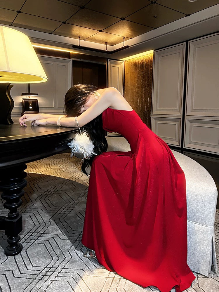 Pretty A line Straps Red Long Satin Prom Dresses Formal Evening Dress